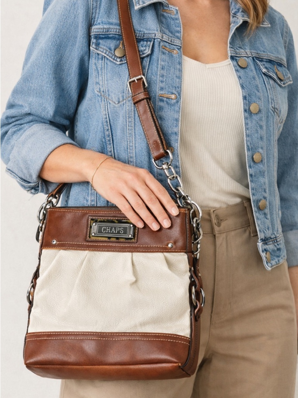 CHAPS By Ralph Lauren Messenger Bag Cream Brown Leather  Adjustable Strap